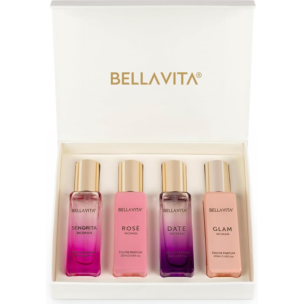 Bellavita Luxury Women's Perfume Gift Set with Rose, Senorita, Date, and Glam | 80ml | Perfume for Women | Pink Pepper, Yuzu and Floral Peach | Long Lasting Fragrance |Mother's day present
