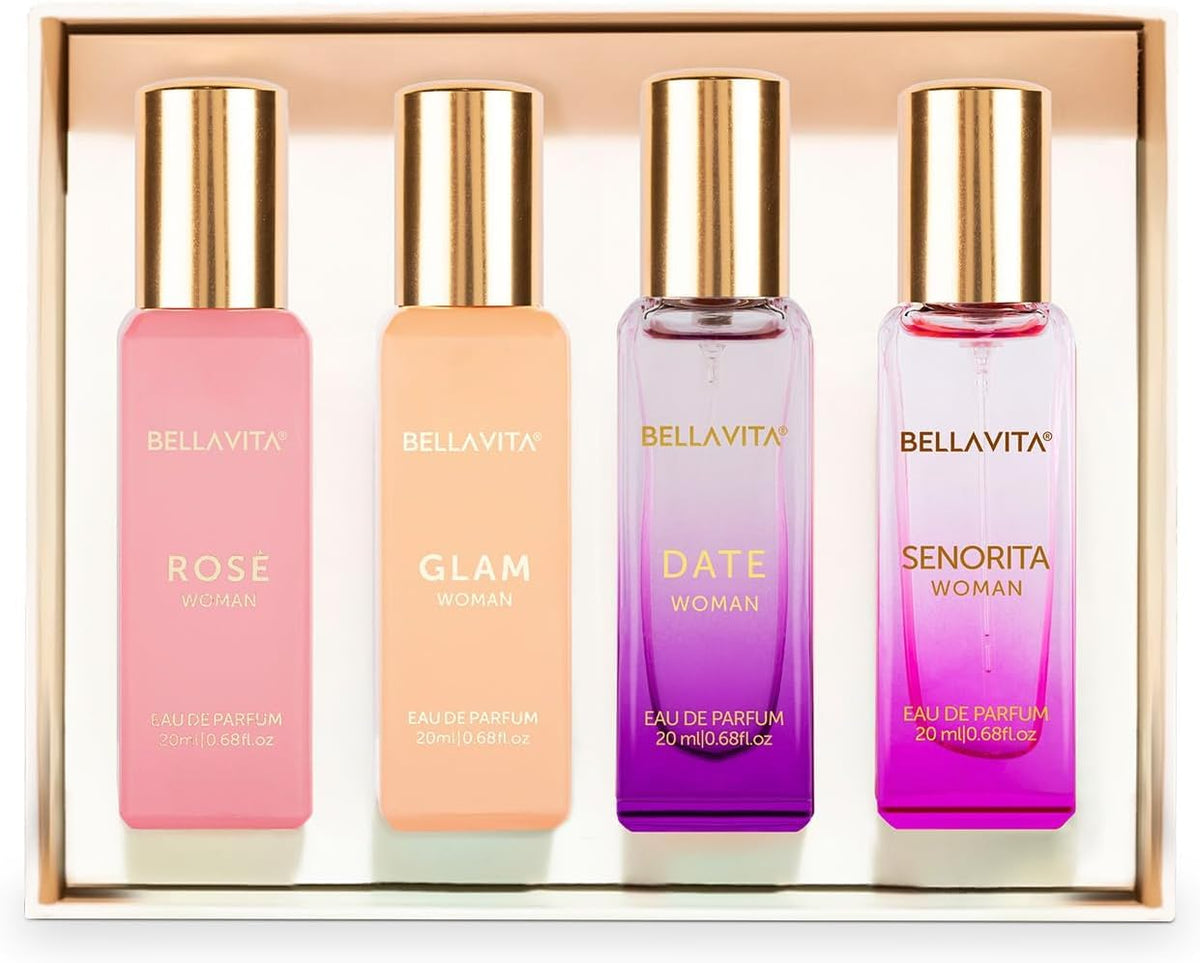 Bellavita Luxury Women's Perfume Gift Set with Rose, Senorita, Date, and Glam | 80ml | Perfume for Women | Pink Pepper, Yuzu and Floral Peach | Long Lasting Fragrance |Mother's day present