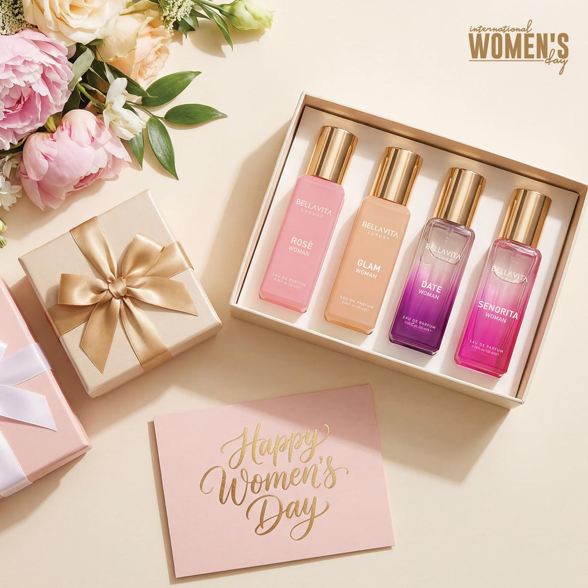Bellavita Luxury Women's Perfume Gift Set with Rose, Senorita, Date, and Glam | 80ml | Perfume for Women | Pink Pepper, Yuzu and Floral Peach | Long Lasting Fragrance |Mother's day present