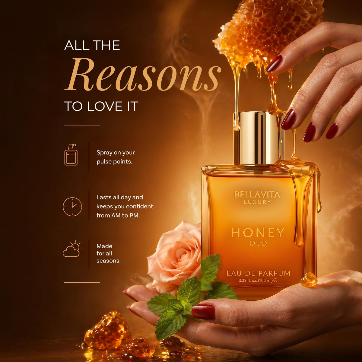 Bellavita Luxury Honey Oud Eau de Parfum | 100 ml (3.4 fl.oz.) | Perfume for Men and Women | Sweet Honey, Bergamot, Oud, and Amber Notes | Women's Day Special