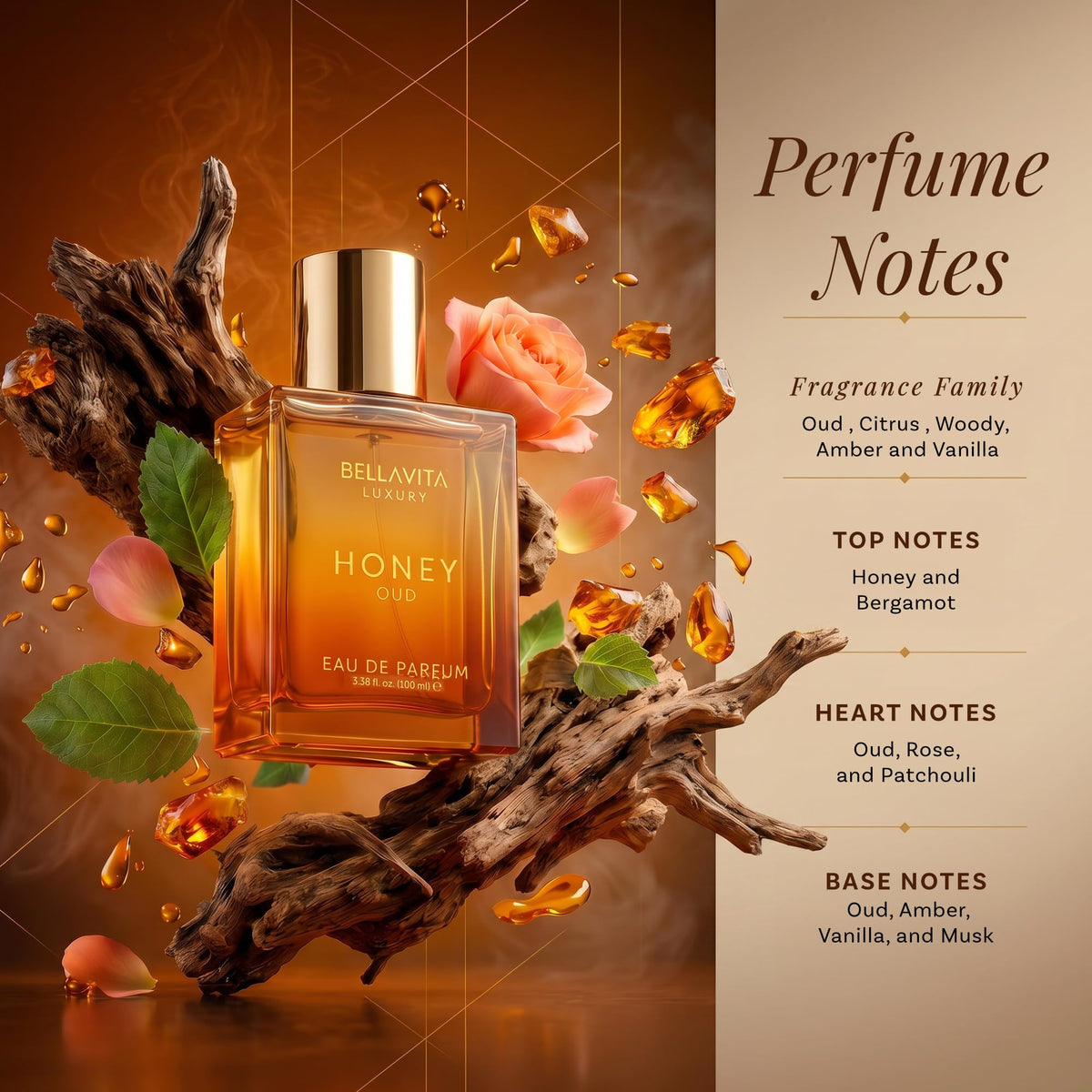 Bellavita Luxury Honey Oud Eau de Parfum | 100 ml (3.4 fl.oz.) | Perfume for Men and Women | Sweet Honey, Bergamot, Oud, and Amber Notes | Women's Day Special