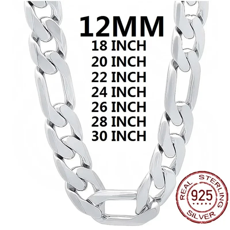 Solid 925 Sterling Silver Necklace For Men Classic 12mm Cuban Chain 18-30 Inch Charm High Quality Fashion Jewelry Metal Stamp