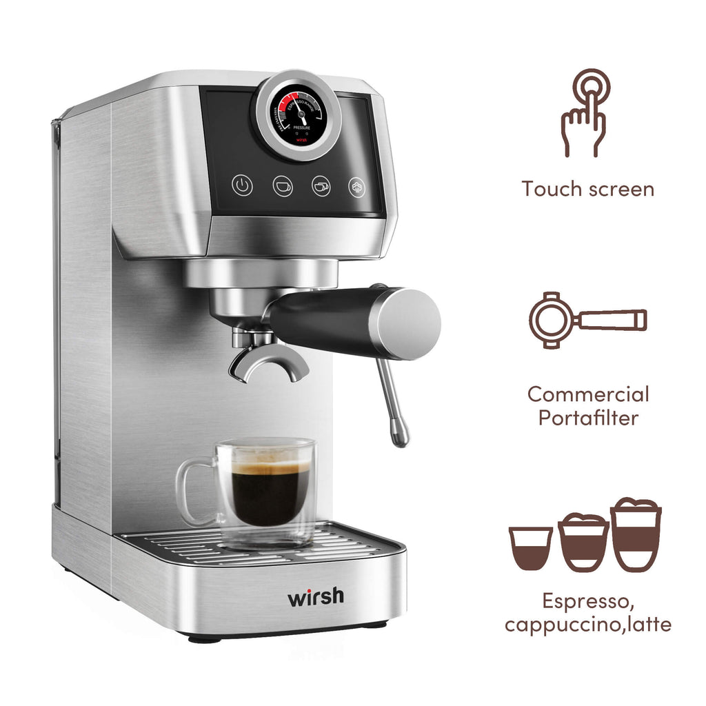 Wirsh 20 Bar Espresso Machine with Plastic Free Portafilter and Steamer, Pressure Gauge, Touch Screen, Full Stainless Steel (Home Barista Plus)