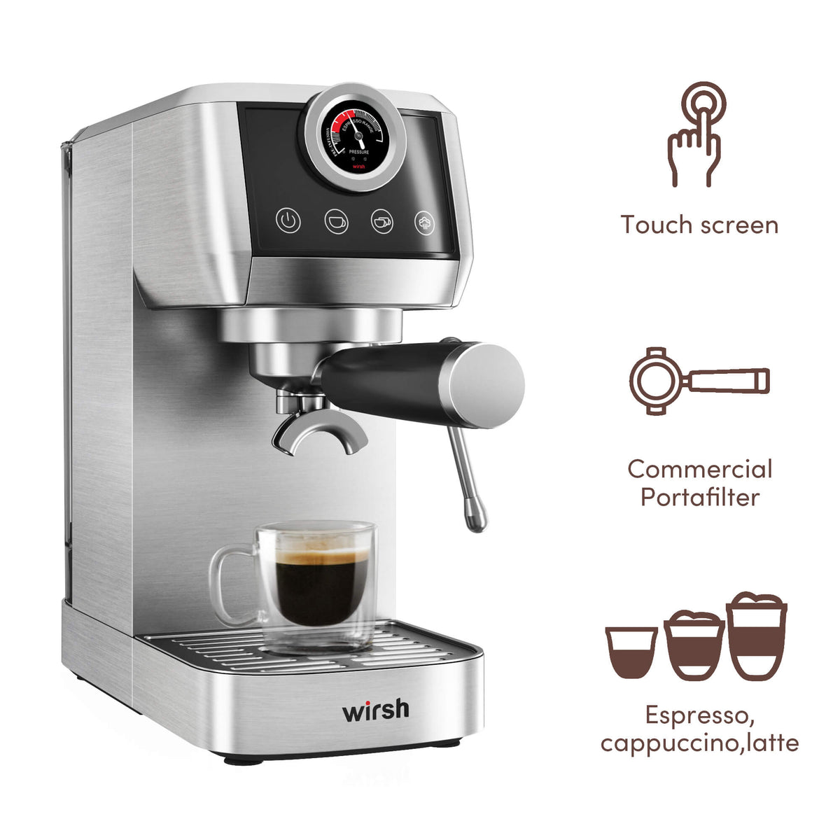 Wirsh 20 Bar Espresso Machine with Plastic Free Portafilter and Steamer, Pressure Gauge, Touch Screen, Full Stainless Steel (Home Barista Plus)