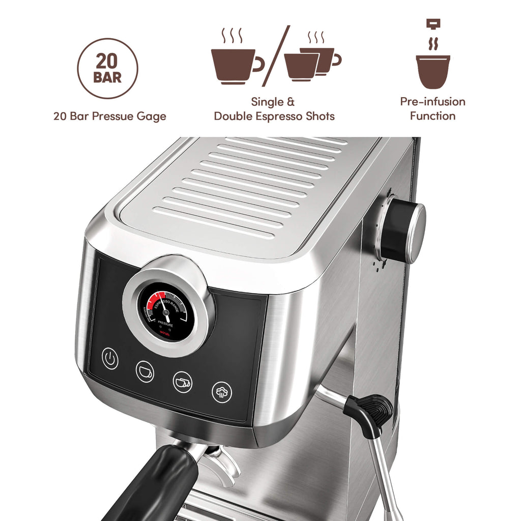 Wirsh 20 Bar Espresso Machine with Plastic Free Portafilter and Steamer, Pressure Gauge, Touch Screen, Full Stainless Steel (Home Barista Plus)